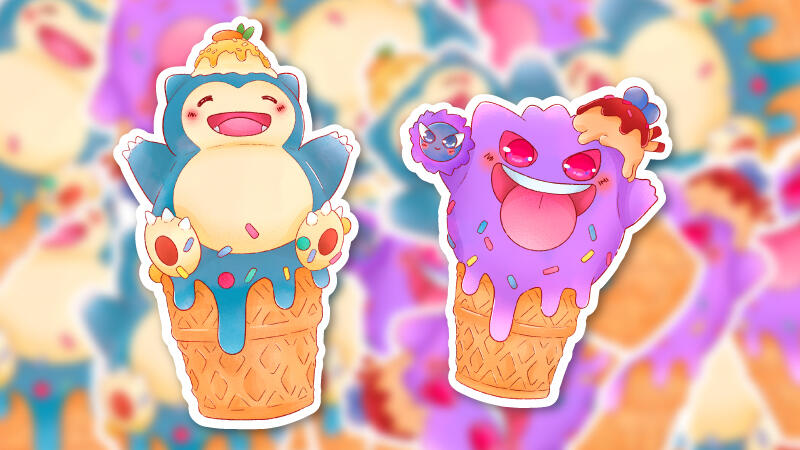 Gengar and Snorlax Icecream Stickers drawn by Miko Kodomo